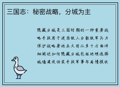 三国志：秘密战略，分城为主
