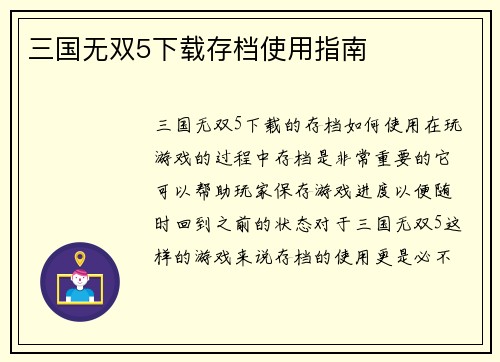 三国无双5下载存档使用指南